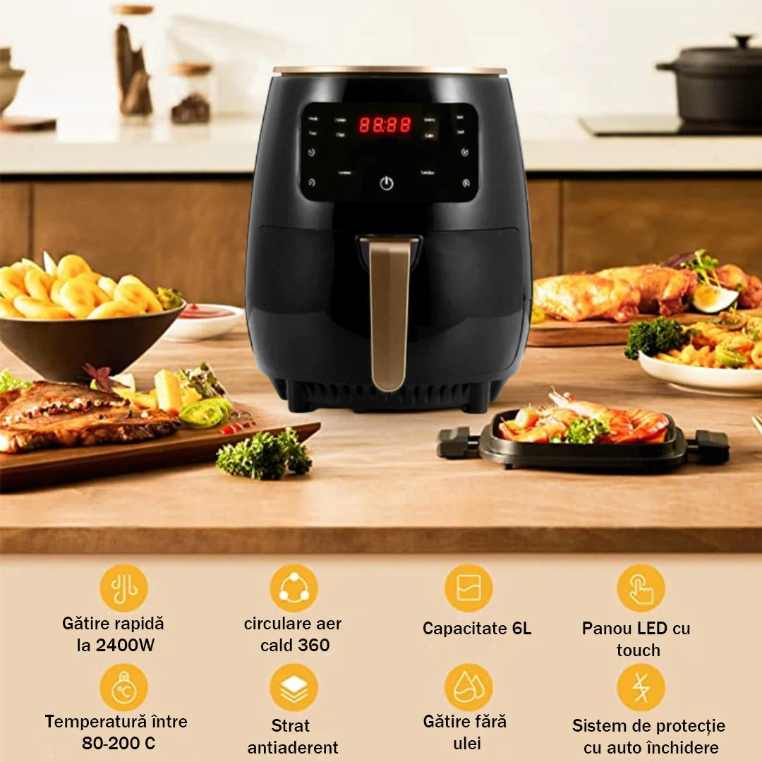 Friteuza cu Aer Cald 6L, 2400W, Display Digital - Air Fryer fara Ulei pentru Familie