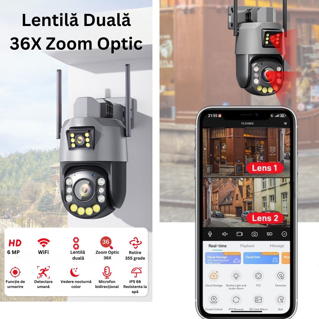 Cameră de Supraveghere PTZ 6MP HD, Zoom Optic 36X, Vedere nocturna 120m, Detectare Mișcare Umană cu Identificarea tipului de Miscare , Difuzor si Microfon Bidirecționale, Rezistentă la apă IP66