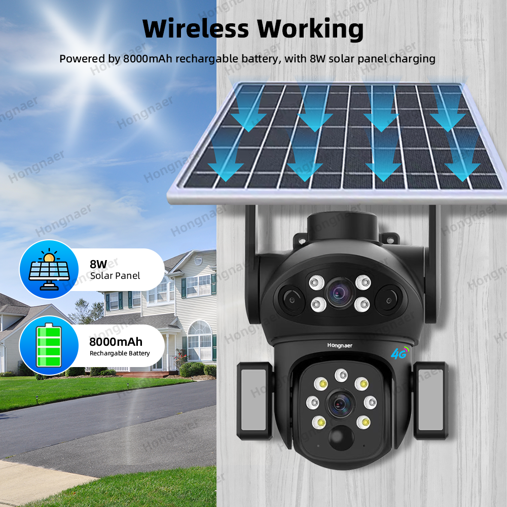 Cameră de supraveghere solară wireless Hongnaer 8MP, 3 video, obiectiv dual, V380 Pro 4K, pentru exterior, cu cartelă SIM 4G, CCTV solar pentru securitate