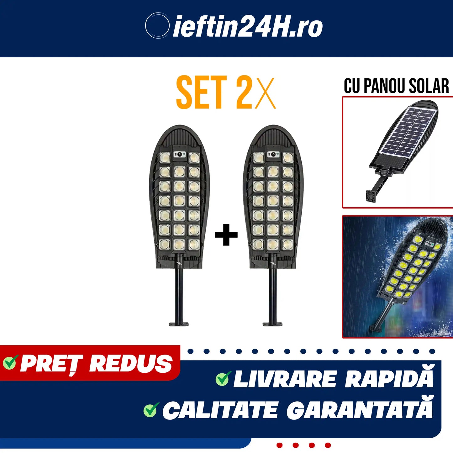 PACHET 1+1 GRATIS! Lampa solară stradală 3300W Ovala - Picior metalic