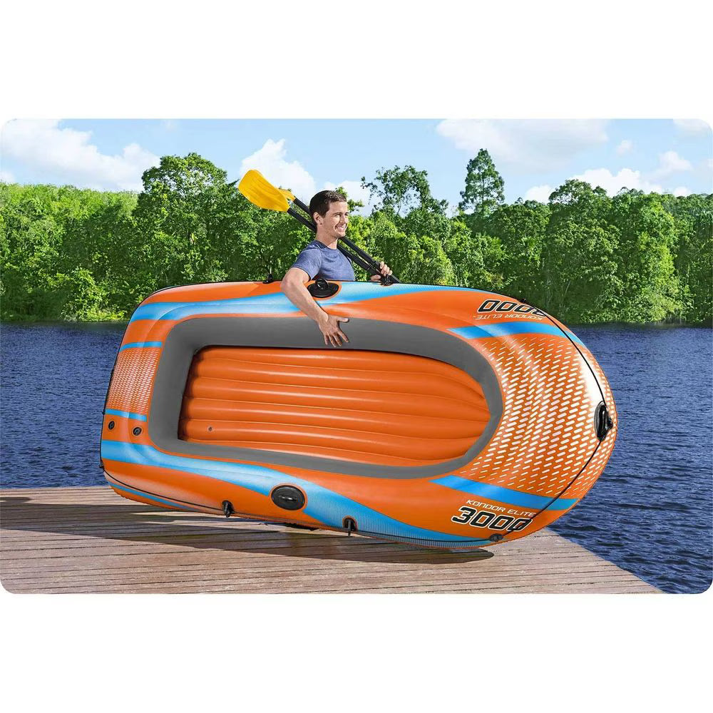 Barca gonflabila Bestway, fabricata din PVC, 3 camere de aer, doi adulti si un copil, 2 vasle din plastic, sarcina maxima 200 kg, pompa cu piston inclusa, 246 x 122 cm