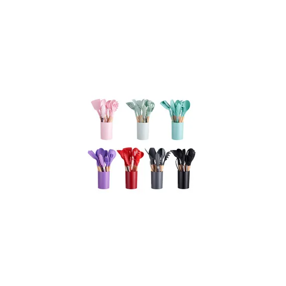 Set ustensile bucatarie 12 piese Lemn si Silicon alimentar Termorezistente Antiaderente Suport Blat negru