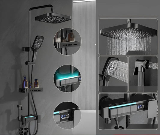 Set de Duș Lux Black - Cu Afișaj Digital și Funcție Termostatică Rotire 360
