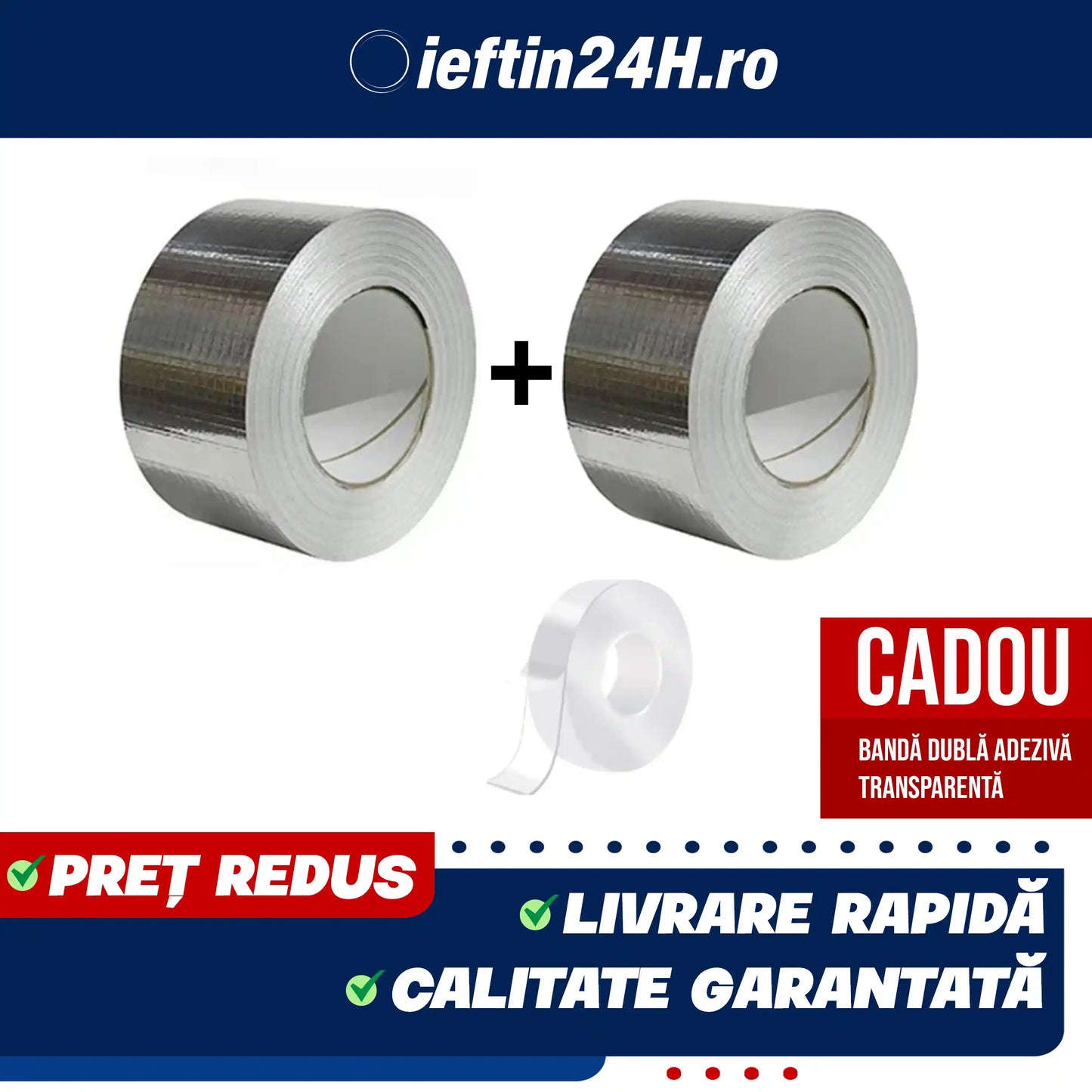 PACHET 1 + 1! Banda adeziva durabila tip folie, rezistenta la apa, aderenta sporita (5 cm x 5 m) + Banda dubla adeziva transparenta CADOU