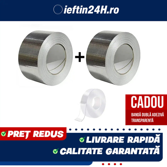 PACHET 1 + 1! Banda adeziva durabila tip folie, rezistenta la apa, aderenta sporita (5 cm x 5 m) + Banda dubla adeziva transparenta CADOU