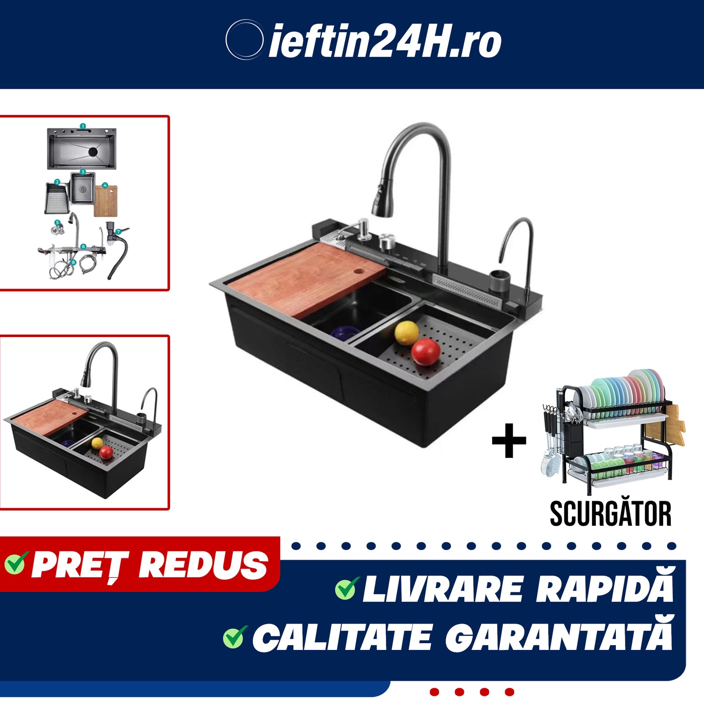 Chiuvetă de bucătărie otel inoxidabil, afisaj digital temperatura apa + scurgator Vase!