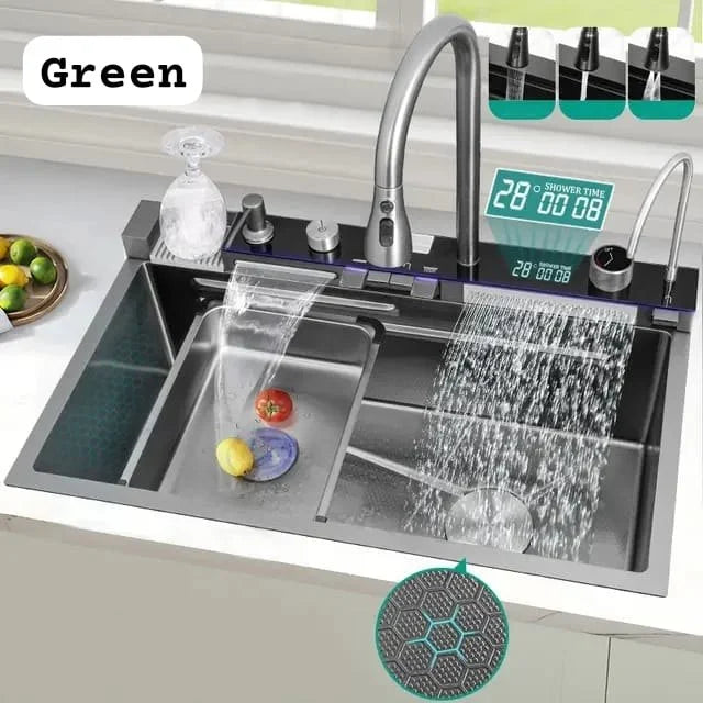 Chiuveta de bucătărie otel inoxidabil, afisaj digital temperatura apa + scurgator vase