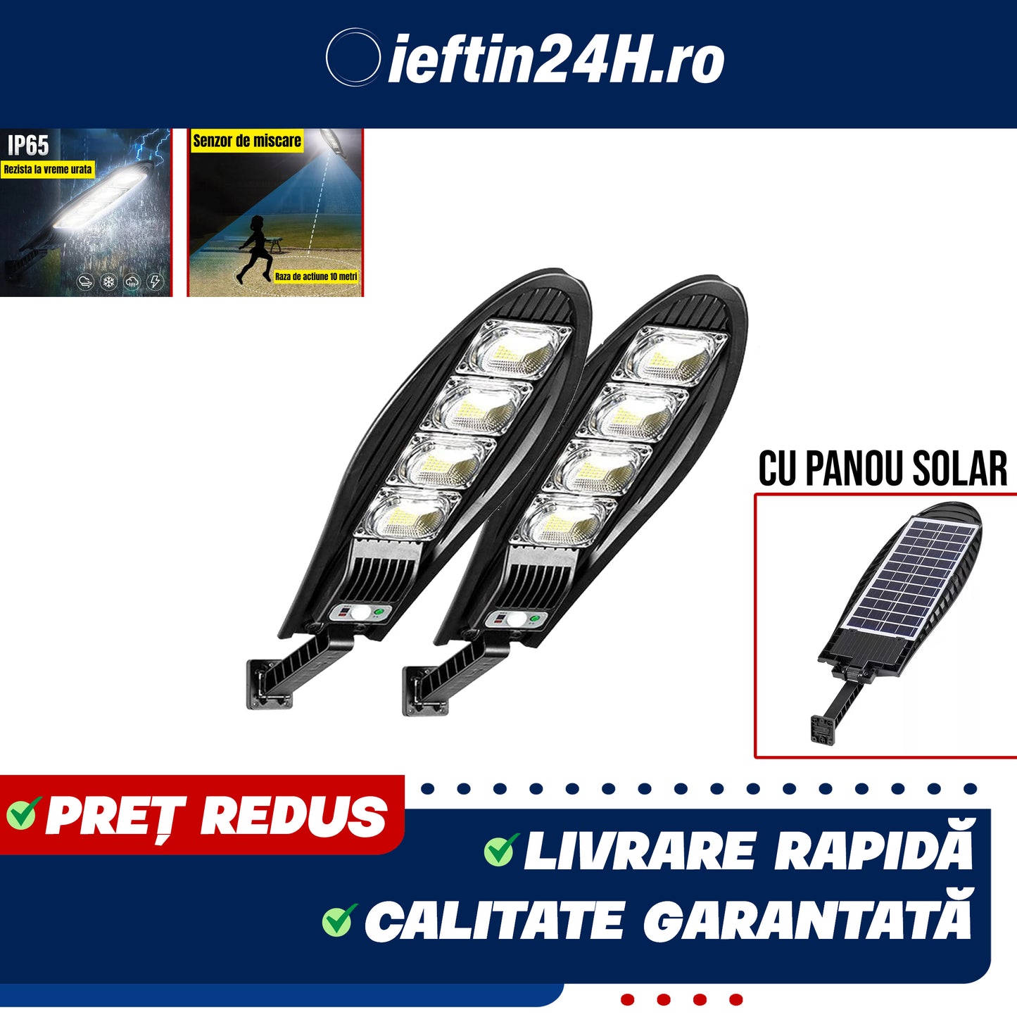 SET 2 x Lampa Stradala 1200W, Incarcare Solara, 55 CM