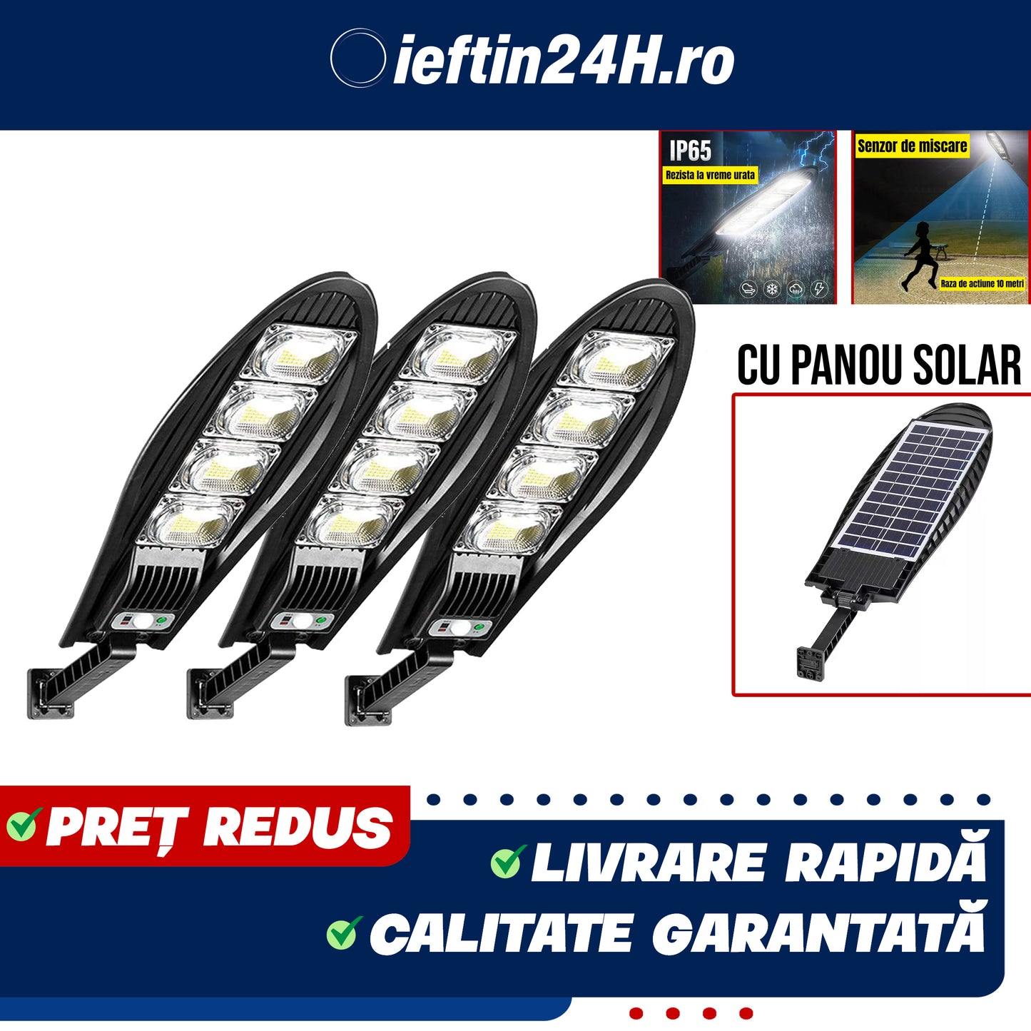 SET 3 x Lampa Stradala 1200W, Incarcare Solara, 55 CM