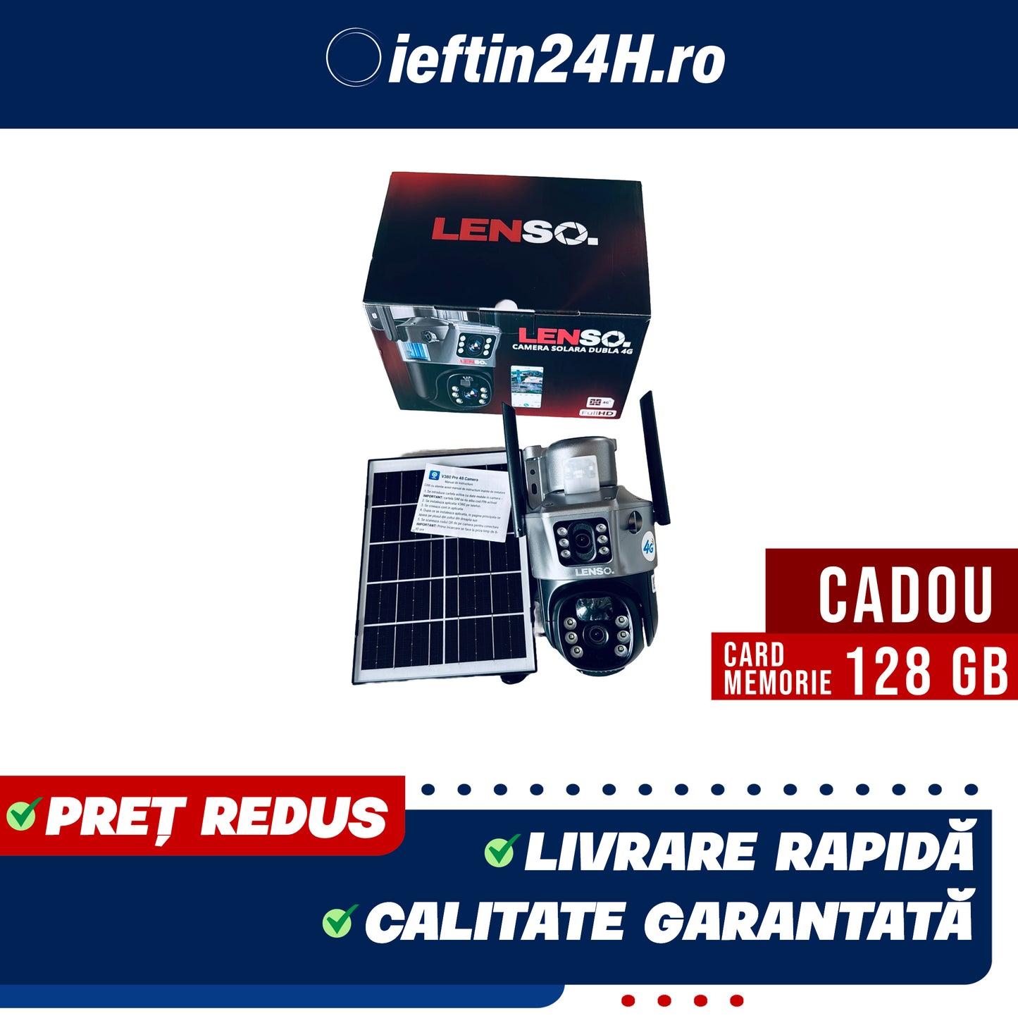 Camera Supraveghere 4G Dubla Cu Panou Solar + CARD 128 GB