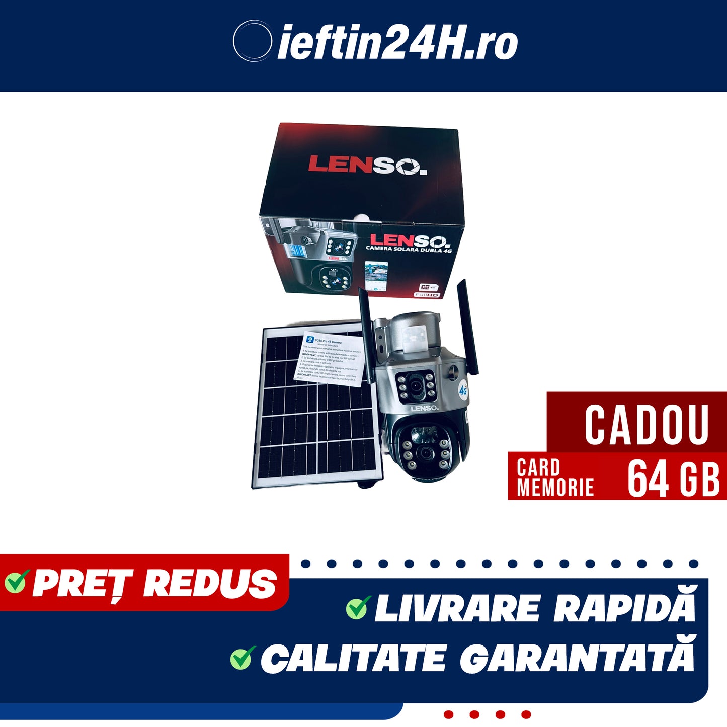 Camera Supraveghere LENSO 4G Dubla + CARD 64GB
