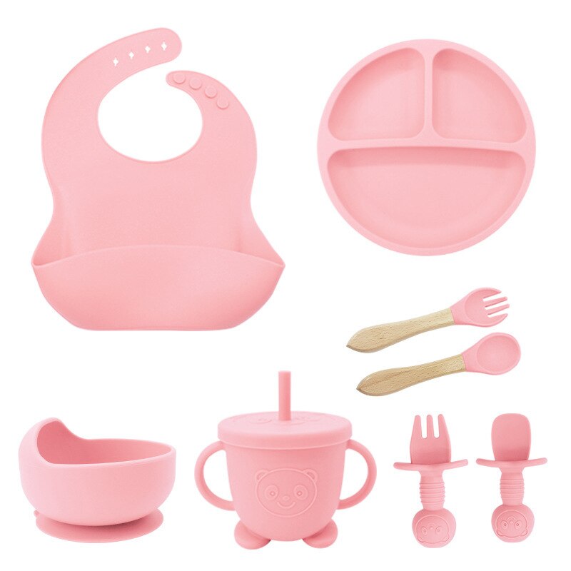 Set Hranire Bebelusi 8 Piese, Diversificare, Silicon, Baveta, Farfurie, Bol cu Ventuze, Lingurita si Furculita, Cana Gustari Culori Roz, Verde, Albastru, GRI