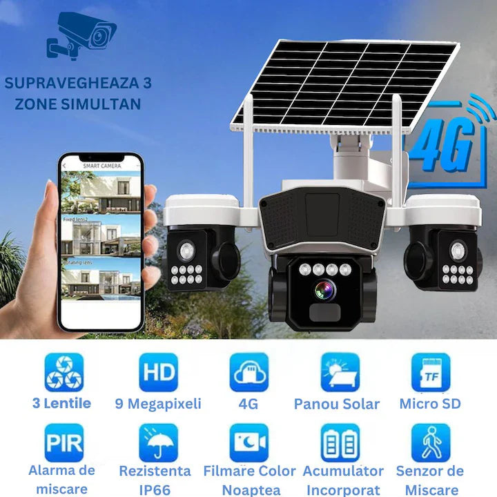 Camera de supraveghere CLAUSTEEL 3in1 cu panou solar, conexiune SIM 4G, 9MP, acumulator de 16.000 mAh, Rotire automata, urmarire inteligenta, Night Vision color, lumini nocturne, Slot MicroSD, Vedere tripla, Alb-Negru