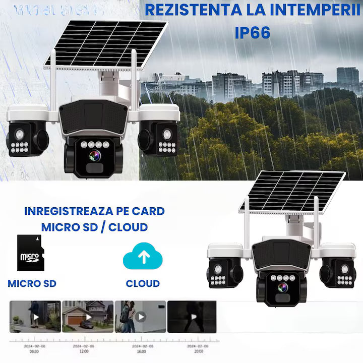 Camera de supraveghere CLAUSTEEL 3in1 cu panou solar, conexiune SIM 4G, 9MP, acumulator de 16.000 mAh, Rotire automata, urmarire inteligenta, Night Vision color, lumini nocturne, Slot MicroSD, Vedere tripla, Alb-Negru