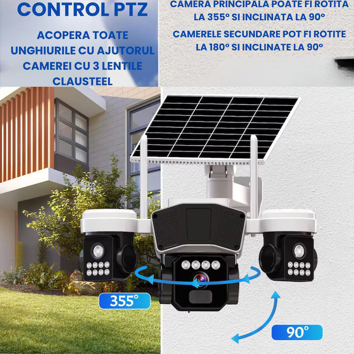 Camera de supraveghere CLAUSTEEL 3in1 cu panou solar, conexiune SIM 4G, 9MP, acumulator de 16.000 mAh, Rotire automata, urmarire inteligenta, Night Vision color, lumini nocturne, Slot MicroSD, Vedere tripla, Alb-Negru
