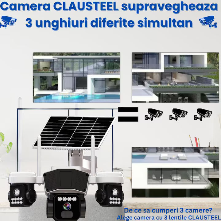 Camera de supraveghere CLAUSTEEL 3in1 cu panou solar, conexiune SIM 4G, 9MP, acumulator de 16.000 mAh, Rotire automata, urmarire inteligenta, Night Vision color, lumini nocturne, Slot MicroSD, Vedere tripla, Alb-Negru