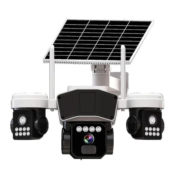 Camera de supraveghere CLAUSTEEL 3in1 cu panou solar, conexiune SIM 4G, 9MP, acumulator de 16.000 mAh, Rotire automata, urmarire inteligenta, Night Vision color, lumini nocturne, Slot MicroSD, Vedere tripla, Alb-Negru