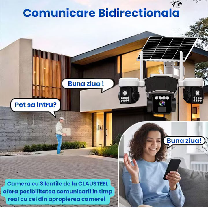 Camera de supraveghere CLAUSTEEL 3in1 cu panou solar, conexiune SIM 4G, 9MP, acumulator de 16.000 mAh, Rotire automata, urmarire inteligenta, Night Vision color, lumini nocturne, Slot MicroSD, Vedere tripla, Alb-Negru