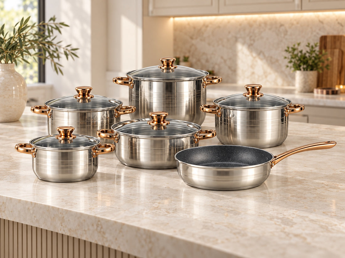 Set oale și tigăi 12 piese din inox, capace din sticlă și mânere aurii