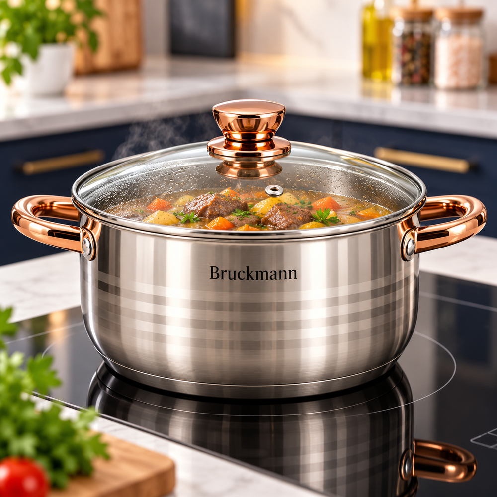Set oale și tigăi 12 piese din inox, capace din sticlă și mânere aurii