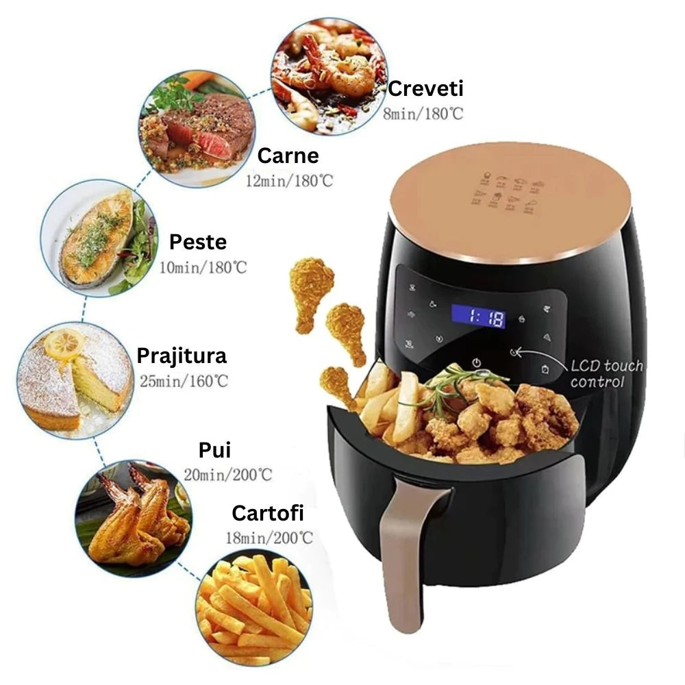 Friteuza cu Aer Cald 6L, 2400W, Display Digital - Air Fryer fara Ulei pentru Familie