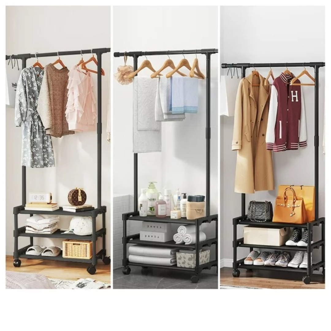 Organizator mobil haine si incaltaminte cu bara pentru umerase si 3 polite - Suport multifunctional