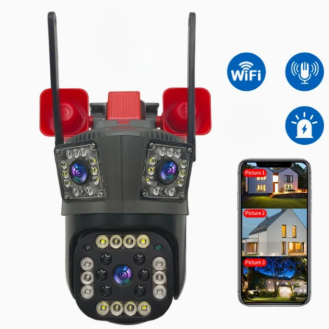 Camera de Supraveghere Tripla cu ALARMA WIFI, 12MP, Exterior/Interior, Ultra HD