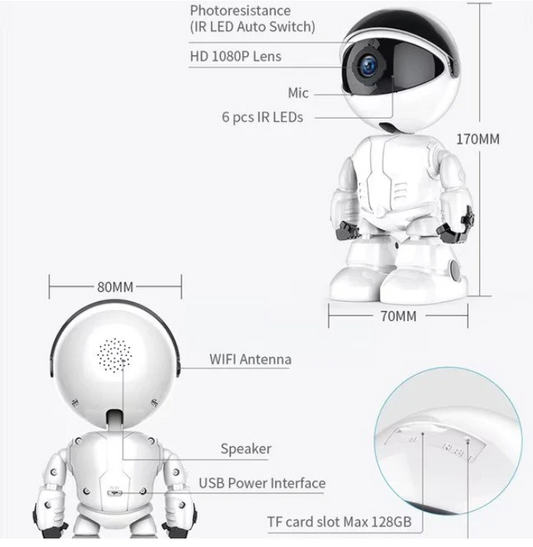 Camera de supraveghere smart Wireless Audio Video, Full HD 1080P, cu functie Baby Monitor, si cu rotire 360 grade, IP, Night Vision, Detectarea miscarilor, Two-Way Audio, model Robot