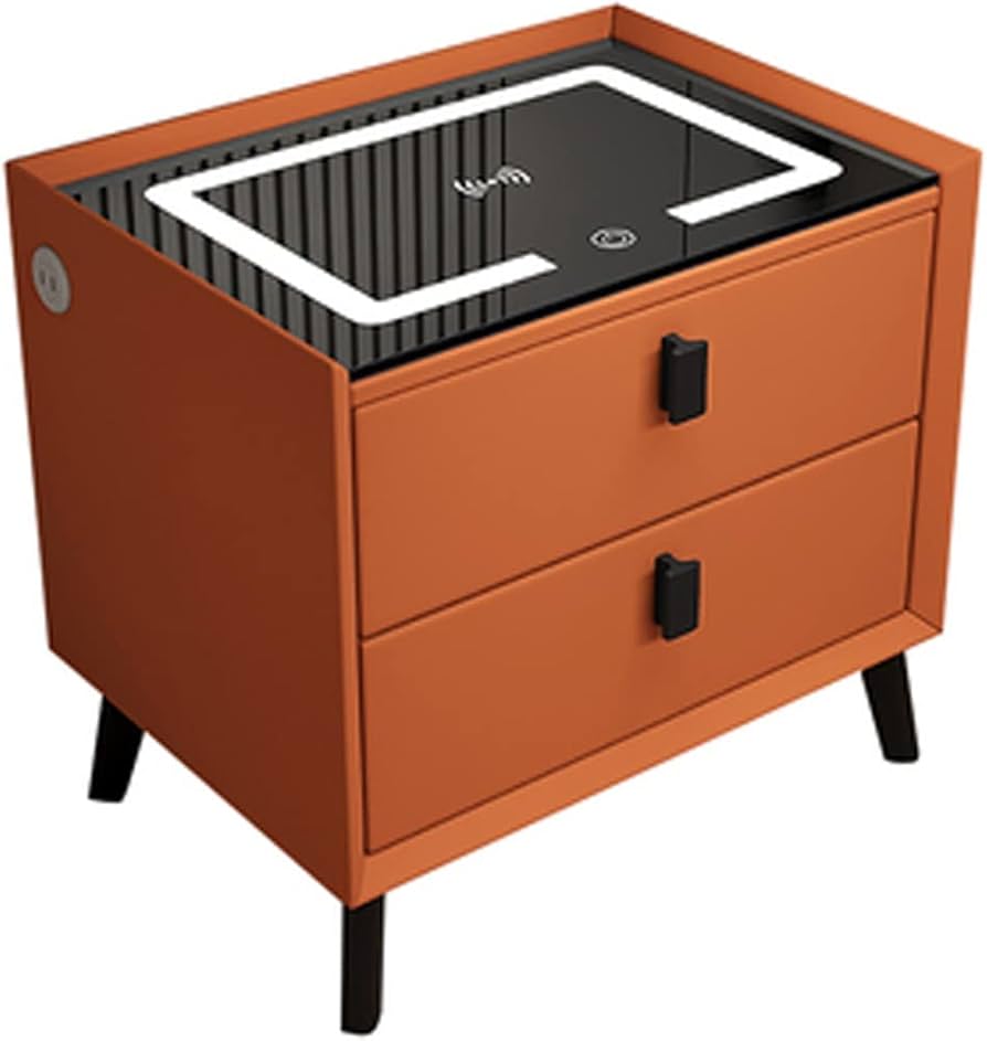 Noptiera Smart Multifunctionala, 2 Sertare, Iluminare LED Tactil, 3 Culori, Incarcare Wireless, si Usb, Difuzor Bluetooth 50x40x46