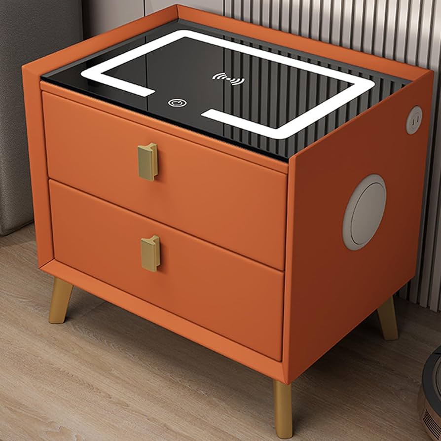 Noptiera Smart Multifunctionala, 2 Sertare, Iluminare LED Tactil, 3 Culori, Incarcare Wireless, si Usb, Difuzor Bluetooth 50x40x46