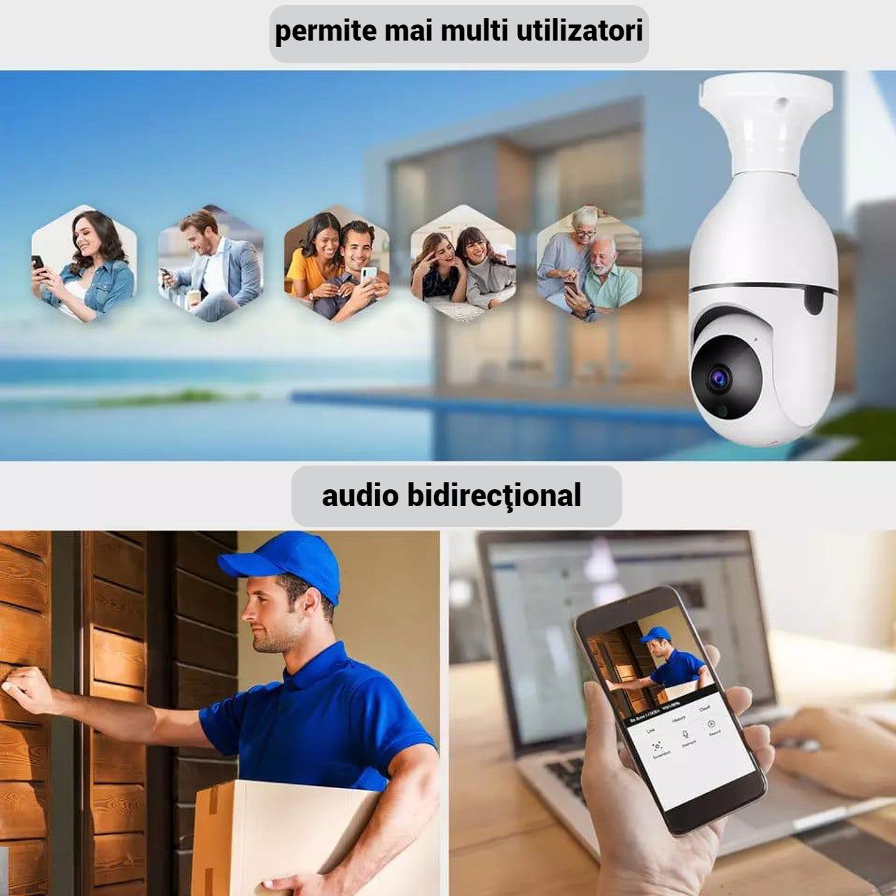 Camera de Supraveghere WiFi Tip Bec cu Rotire 355° Full HD - Senzor de Miscare PIR si Audio Bidirectional