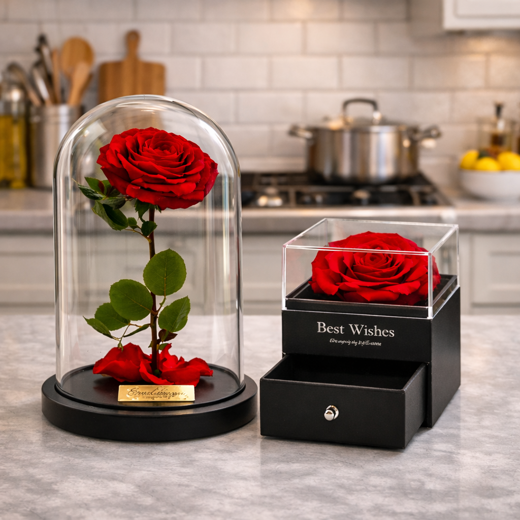 OFERTA PACHET TRANDAFIR ETERN ROSU + TRANDAFIR IN CUTIE DE BIJUTERII