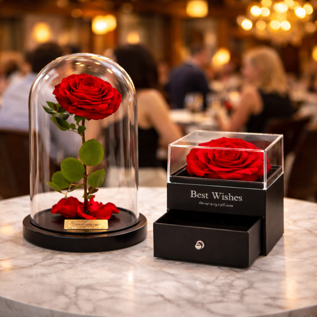 OFERTA PACHET TRANDAFIR ETERN ROSU + TRANDAFIR IN CUTIE DE BIJUTERII