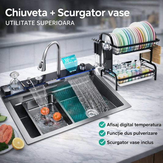 Chiuveta de bucătărie otel inoxidabil, afisaj digital temperatura apa + scurgator vase