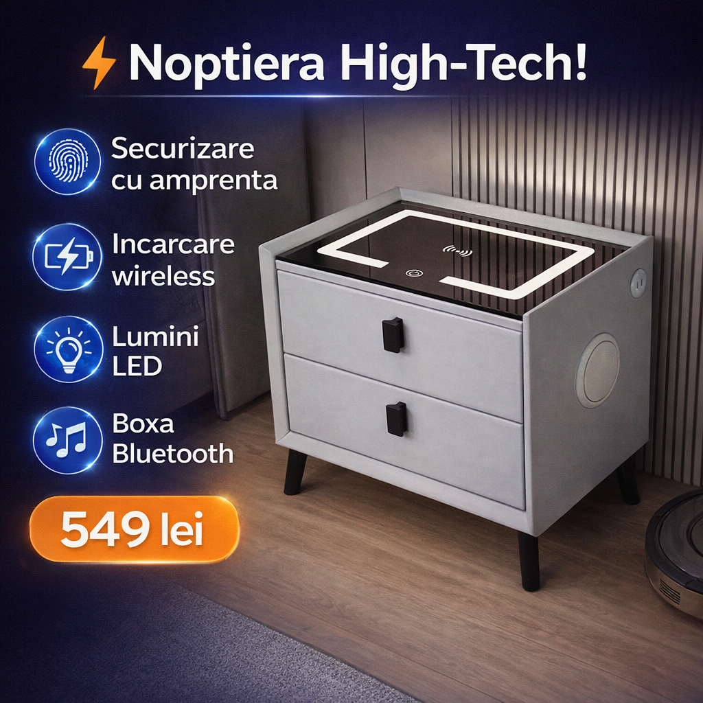 Noptiera Smart Multifunctionala, iluminare LED tactil cu 3 culori, incarcare wireless si USB, difuzor Bluetooth, 2 sertare