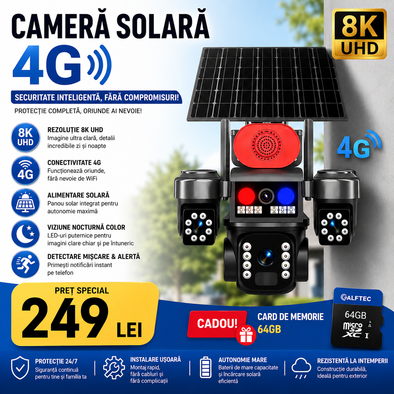 Camera Supraveghere 4G cu Panou Solar Tip Crocodil, 3 Camere rotative 720 , 15 MP (5 + 5 + 5MP), 8K (Copy)