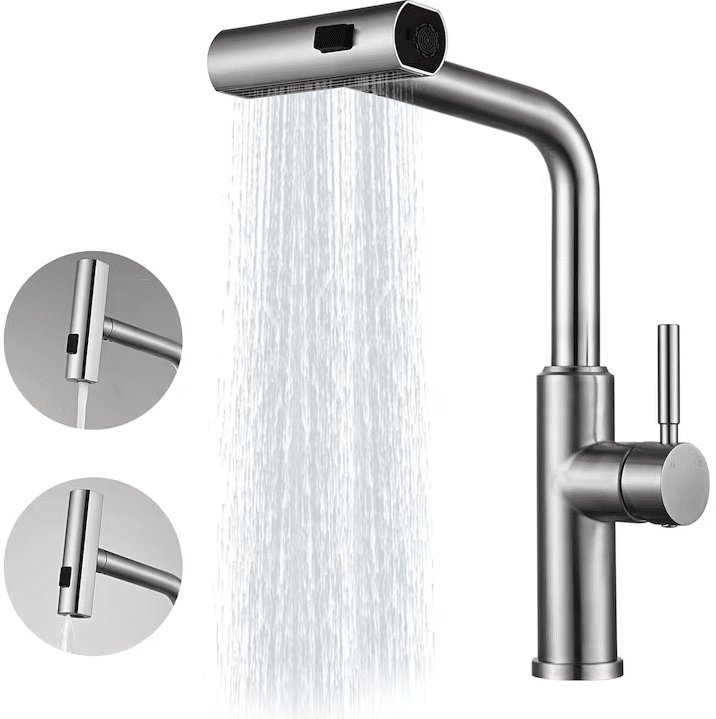 Baterie chiuveta de bucatarie inox cu dus extractibil, 3 moduri de pulverizare a apei, cartus ceramic, rotire la 360°, Argintiu