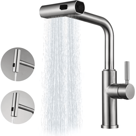 Baterie chiuveta de bucatarie inox cu dus extractibil, 3 moduri de pulverizare a apei, cartus ceramic, rotire la 360°, Argintiu