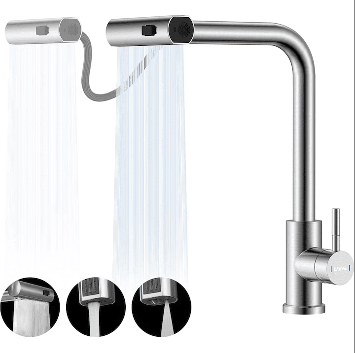 Baterie chiuveta de bucatarie inox cu dus extractibil, 3 moduri de pulverizare a apei, cartus ceramic, rotire la 360°, Argintiu