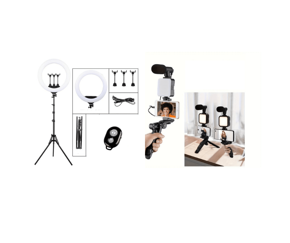 Pachet creare continut video online lampa circulara de 3 telefone 58 cm plus trepied multifunctional cu lampa si microphone incorporat plus telecomanda selfie cadou