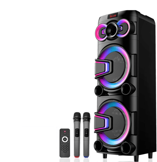 Boxă portabilă JRH 700W cu 2 difuzoare de 10”, Bluetooth, USB/SD, LED RGB, 2 microfoane wireless, conexiune pentru microfon și chitară, autonomie 3–5 ore și telecomandă inclusă.