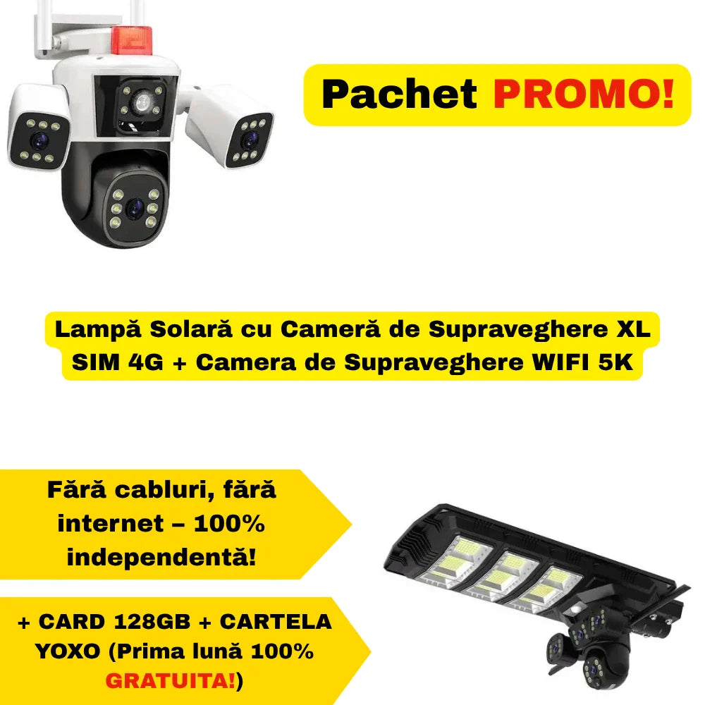PACHET Lampă Solară cu Cameră de Supraveghere XL SIM 4G + Camera de Supraveghere WIFI 5K, 12MP, 3 lentile, 3 ecrane + 2 x Card 128 GB + Cartelă YOXO!