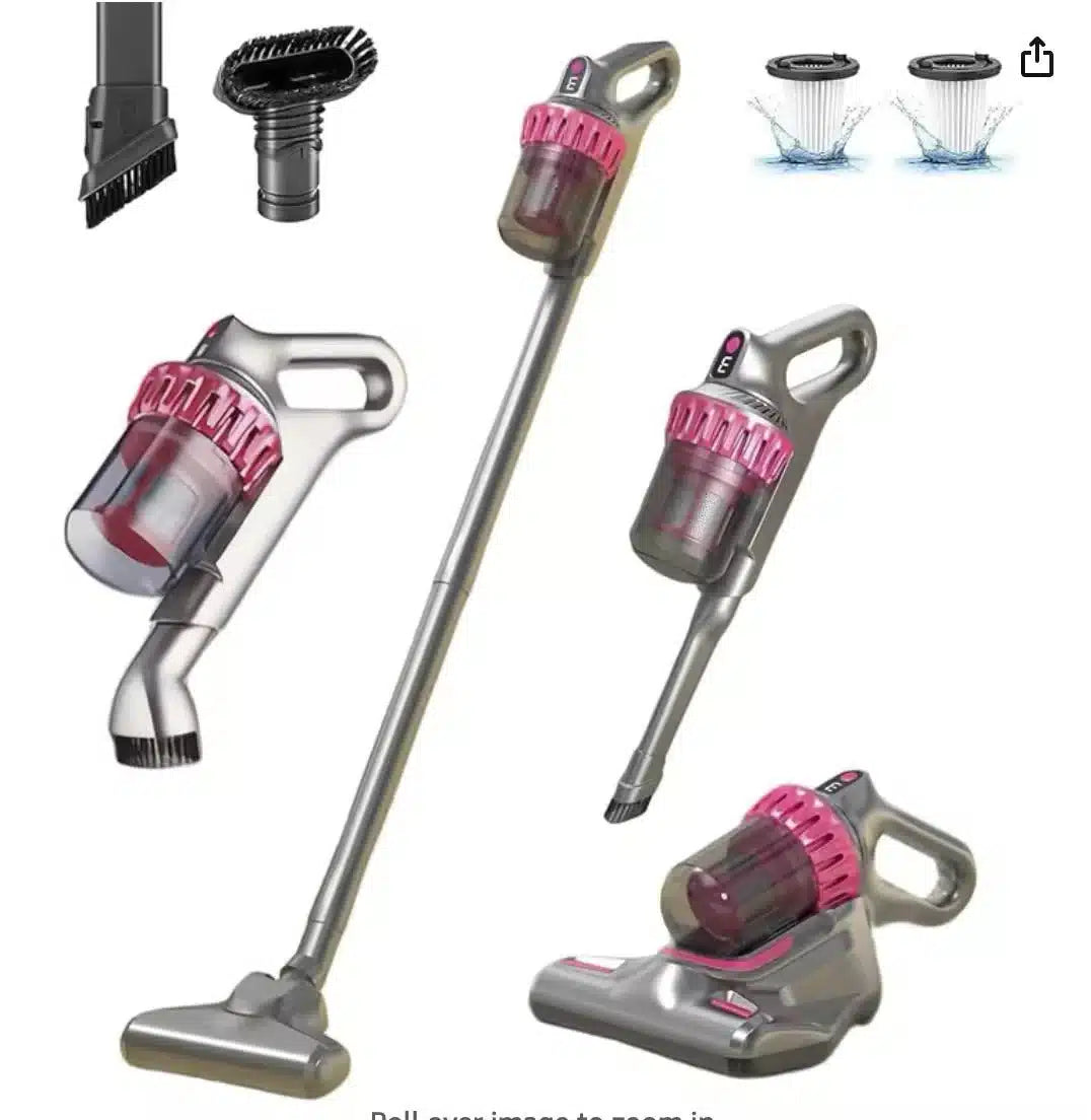 Aspirator Vertical Si De Mana Anti Acarieni, Fara Fir 5in1 JRH® 100W, Lumina UVC, 3x Trepte Viteza, 3x Filtru Hepa, Reincarcabil USB-C Baterie 1500mAh, Capacitate Rezervor 260Ml, Autonomie +/-30 Min, Fara Sac, Ideal Pentru Podele, Praf, Par, Gri-Roz