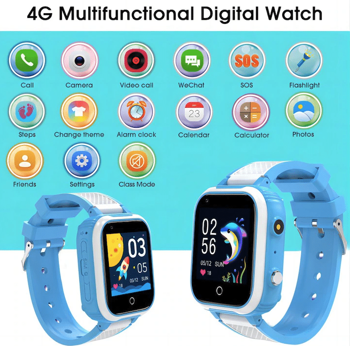 Ceas smartwatch copii , Rezistent la apa, 1.4 inch, apel video, blocare apel, monitorizare spion, Albastru
