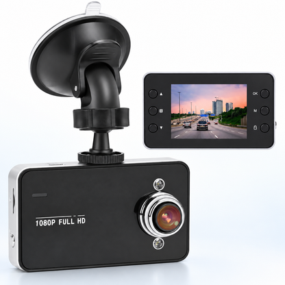Cameră auto Full HD cu suport cu ventuză, vedere frontală și ecran, pe fundal alb
