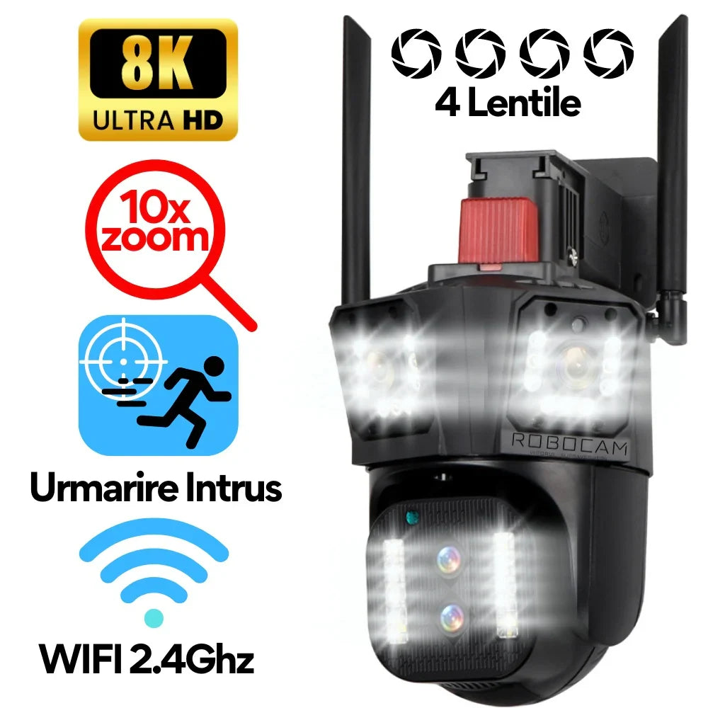Camera de Supraveghere Tripla Wifi, Ultra Hd 5x Zoom, Rotire, Leduri