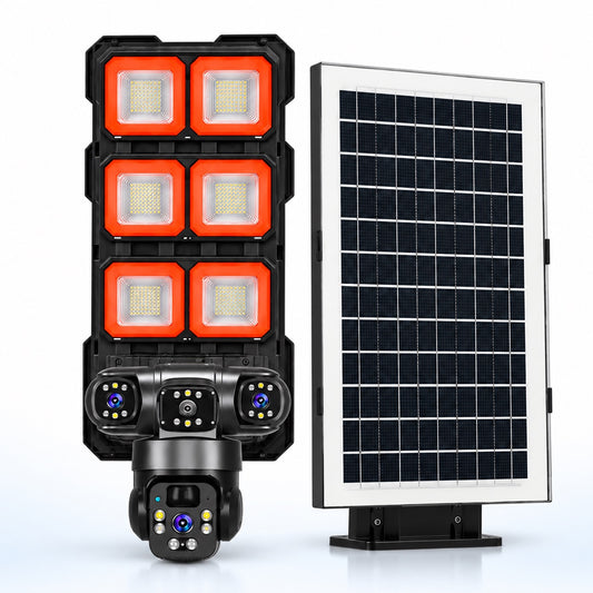 Lampa Cu Cameră de Supraveghere 4G cu Panou Solar, 4K Ultra HD, 4 Lentile, Iluminare LED, Vedere Nocturnă și Detecție Mișcare