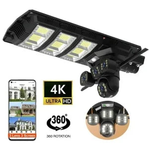 PACHET Lampă Solară cu Cameră de Supraveghere XL SIM 4G + Camera de Supraveghere WIFI 5K, 12MP, 3 lentile, 3 ecrane + 2 x Card 128 GB + Cartelă YOXO!