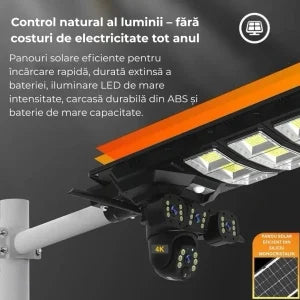 PACHET Lampă Solară cu Cameră de Supraveghere XL SIM 4G + Camera de Supraveghere WIFI 5K, 12MP, 3 lentile, 3 ecrane + 2 x Card 128 GB + Cartelă YOXO!