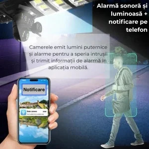 PACHET Lampă Solară cu Cameră de Supraveghere XL SIM 4G + Camera de Supraveghere WIFI 5K, 12MP, 3 lentile, 3 ecrane + 2 x Card 128 GB + Cartelă YOXO!